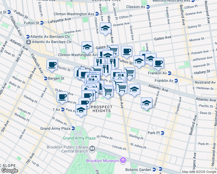 map of restaurants, bars, coffee shops, grocery stores, and more near 717 Dean Street in Brooklyn