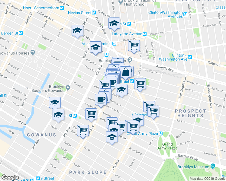 map of restaurants, bars, coffee shops, grocery stores, and more near 102 5th Avenue in Brooklyn