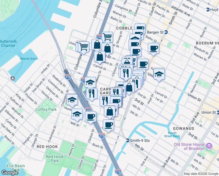 map of restaurants, bars, coffee shops, grocery stores, and more near in Brooklyn