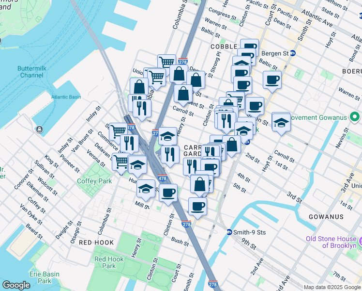 map of restaurants, bars, coffee shops, grocery stores, and more near 619 Henry Street in Brooklyn