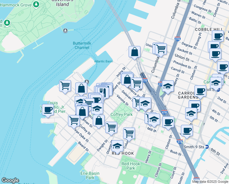 map of restaurants, bars, coffee shops, grocery stores, and more near 276 Van Brunt Street in Brooklyn
