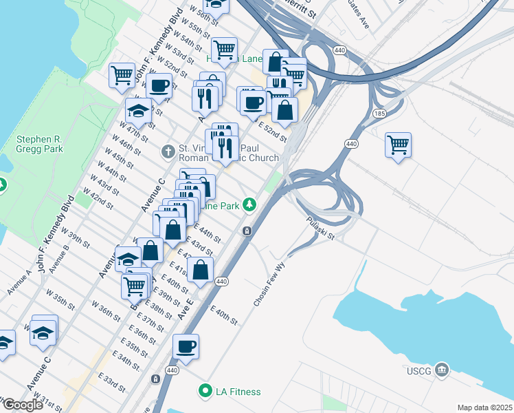 map of restaurants, bars, coffee shops, grocery stores, and more near 55 East Grand Street in Bayonne