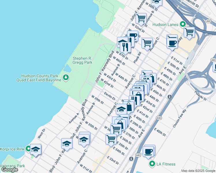 map of restaurants, bars, coffee shops, grocery stores, and more near 102 West 42nd Street in Bayonne