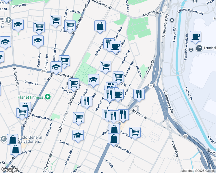 map of restaurants, bars, coffee shops, grocery stores, and more near 834 Adams Avenue in Elizabeth