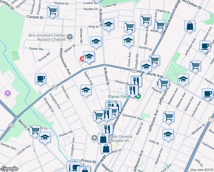 map of restaurants, bars, coffee shops, grocery stores, and more near 712 North Broad Street in Elizabeth