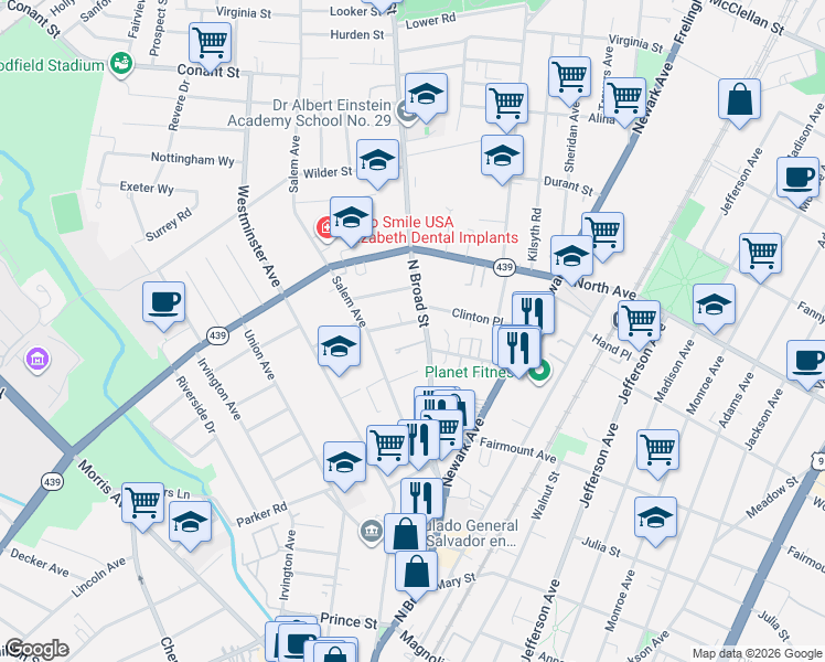 map of restaurants, bars, coffee shops, grocery stores, and more near 712 North Broad Street in Elizabeth