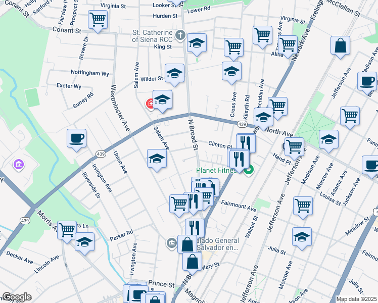 map of restaurants, bars, coffee shops, grocery stores, and more near 712 North Broad Street in Elizabeth
