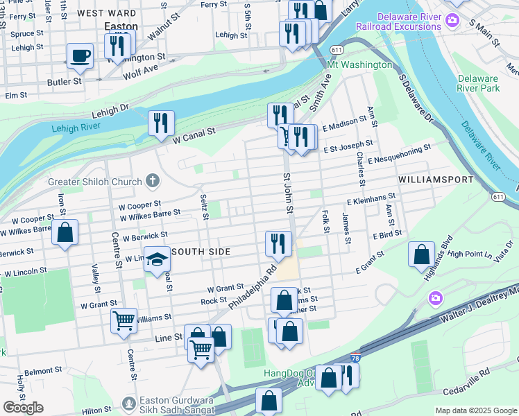 map of restaurants, bars, coffee shops, grocery stores, and more near 247 West Kleinhans Street in Easton