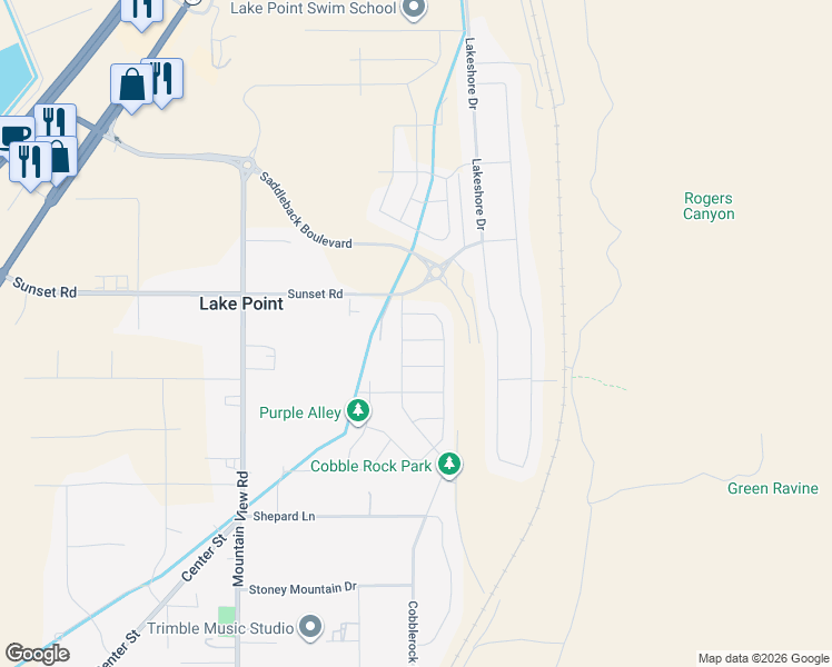 map of restaurants, bars, coffee shops, grocery stores, and more near 2045 East Mine Rock Road in Lake Point