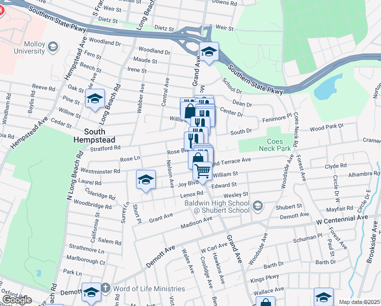 map of restaurants, bars, coffee shops, grocery stores, and more near 688 Rose Boulevard in Baldwin