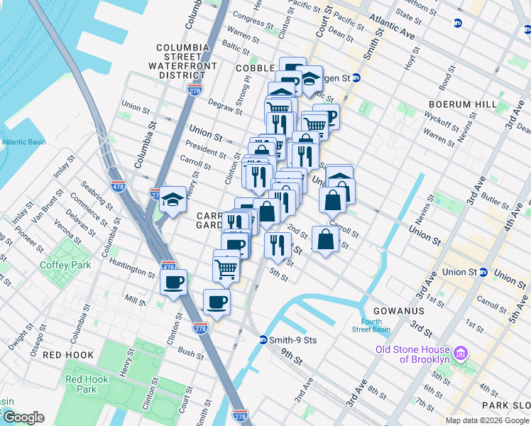 map of restaurants, bars, coffee shops, grocery stores, and more near 112 1st Place in Brooklyn