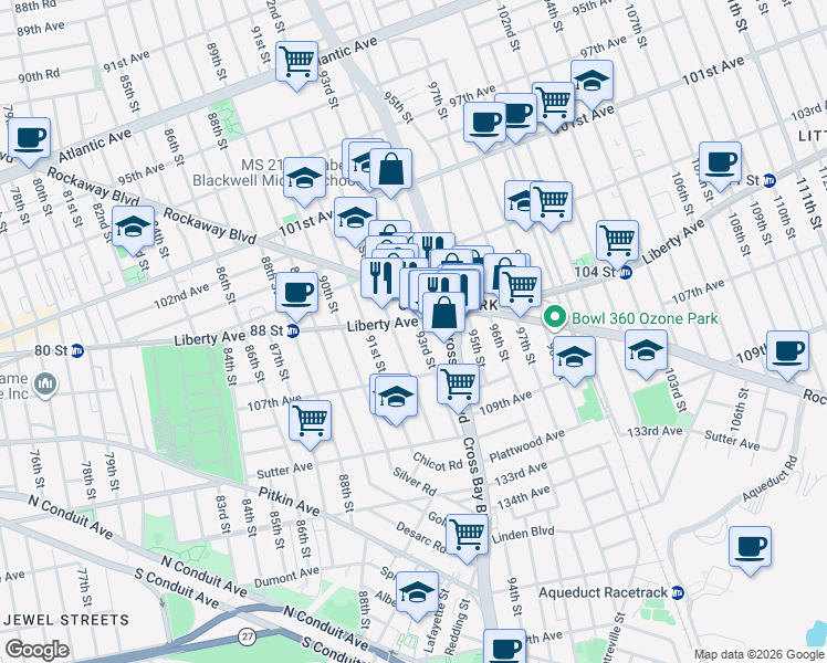 map of restaurants, bars, coffee shops, grocery stores, and more near 9208 Liberty Avenue in Queens