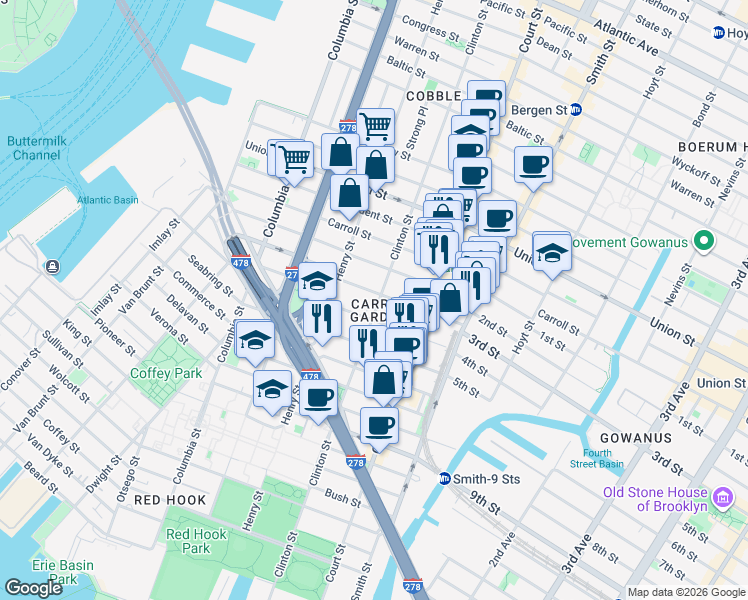 map of restaurants, bars, coffee shops, grocery stores, and more near 54 2nd Place in Brooklyn