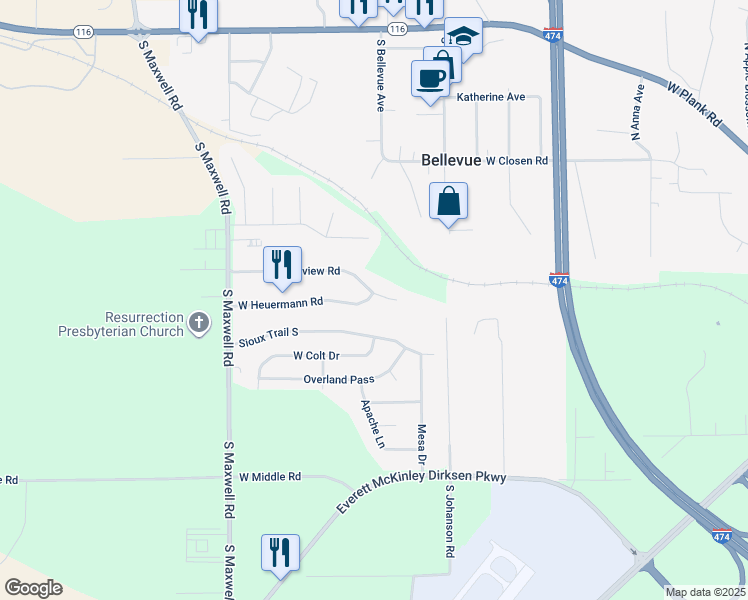 map of restaurants, bars, coffee shops, grocery stores, and more near 5704 West Heuermann Road in Peoria