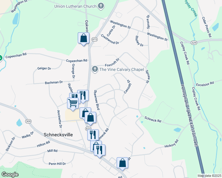 map of restaurants, bars, coffee shops, grocery stores, and more near 4209 Iroquois Street in Schnecksville
