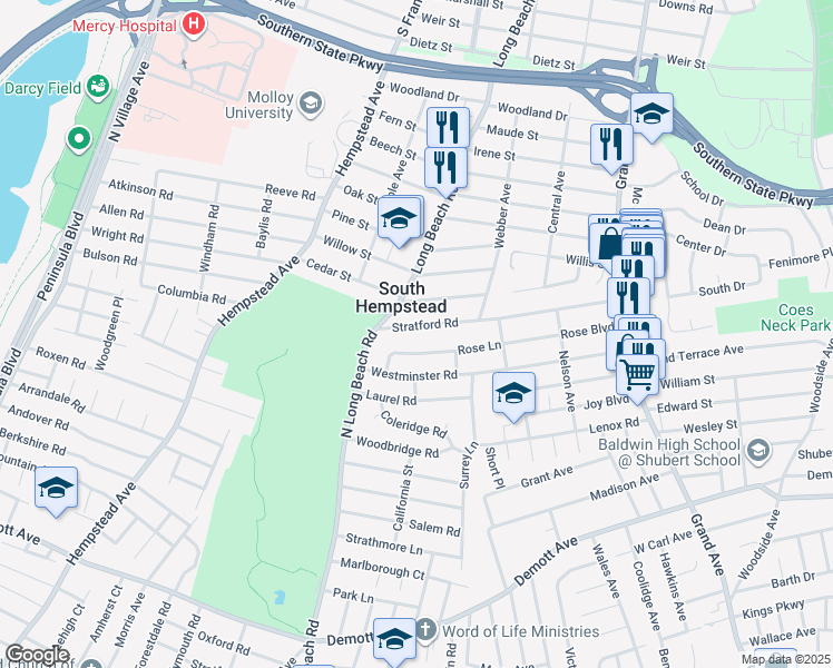 map of restaurants, bars, coffee shops, grocery stores, and more near 474 Stratford Rd in South Hempstead