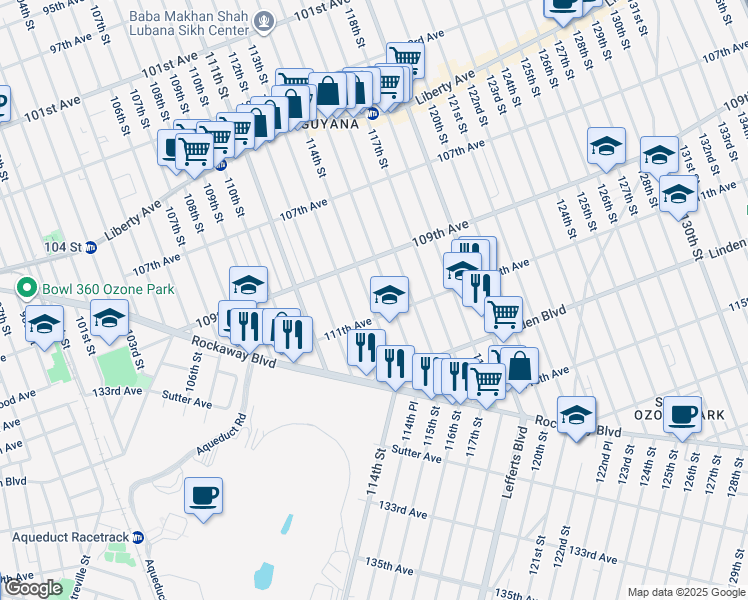 map of restaurants, bars, coffee shops, grocery stores, and more near 109-43 114th Street in Queens