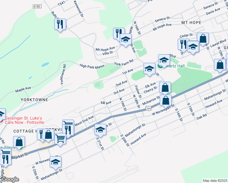map of restaurants, bars, coffee shops, grocery stores, and more near 1906 3rd Avenue in Pottsville