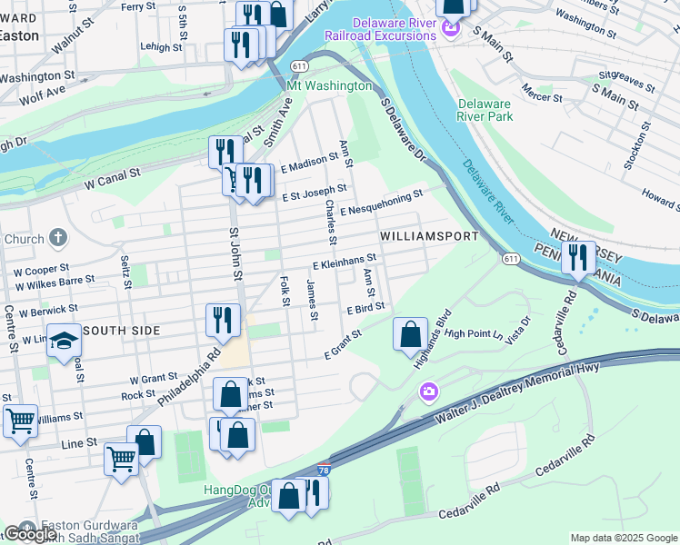 map of restaurants, bars, coffee shops, grocery stores, and more near 210 Terry Street in Easton