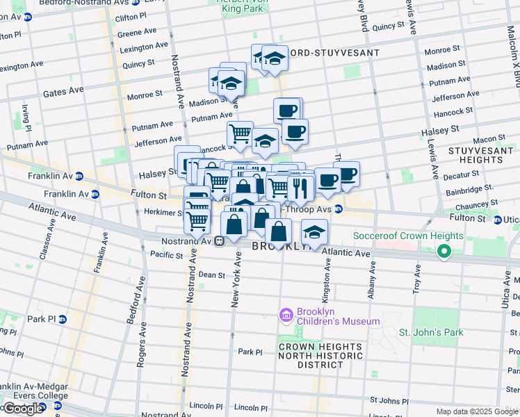 map of restaurants, bars, coffee shops, grocery stores, and more near 1380 Fulton Street in Brooklyn
