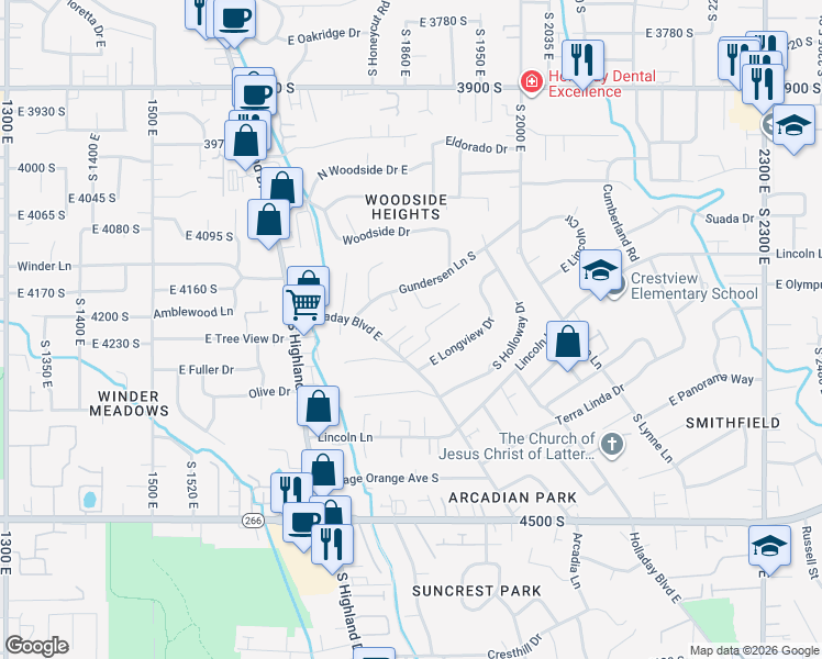 map of restaurants, bars, coffee shops, grocery stores, and more near 4231 Holladay Boulevard east in Holladay