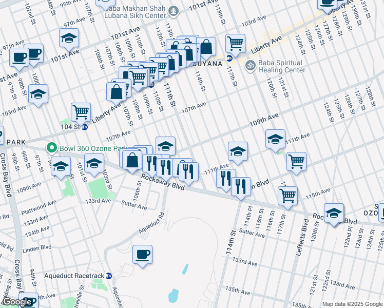 map of restaurants, bars, coffee shops, grocery stores, and more near 110-20 111th Street in Queens