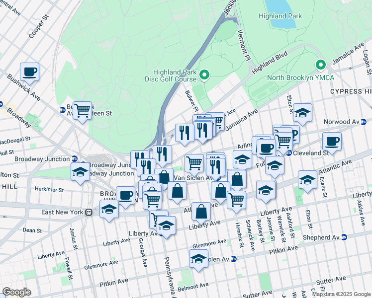 map of restaurants, bars, coffee shops, grocery stores, and more near 171 Jamaica Avenue in Brooklyn