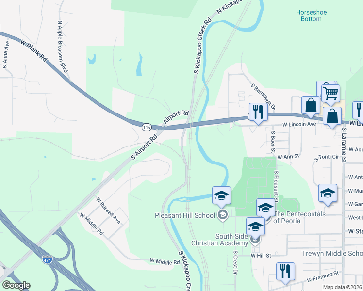 map of restaurants, bars, coffee shops, grocery stores, and more near 806 South Kickapoo Creek Road in Bellevue