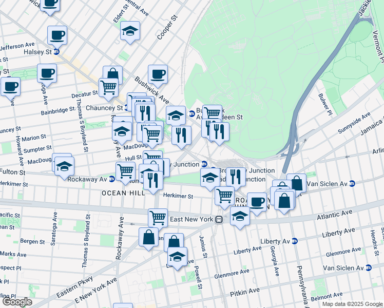 map of restaurants, bars, coffee shops, grocery stores, and more near 2018 Eastern Parkway in Brooklyn