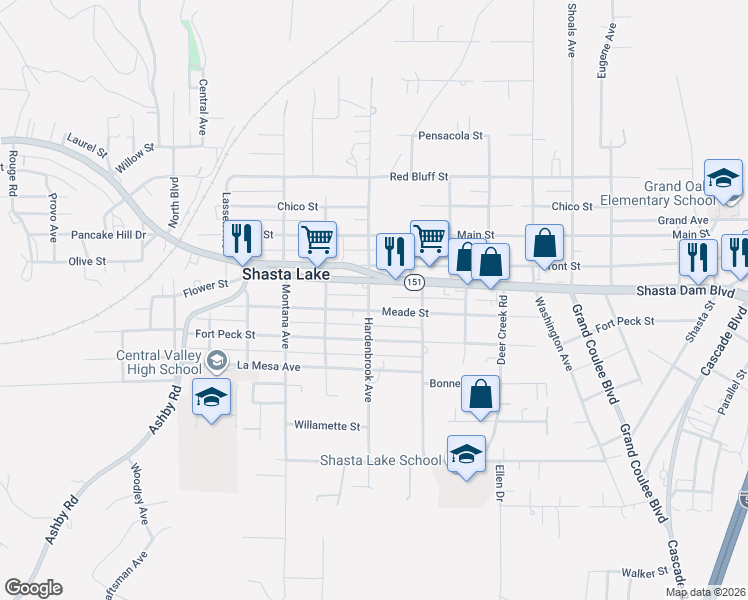 map of restaurants, bars, coffee shops, grocery stores, and more near 1665 Hardenbrook Avenue in Shasta Lake