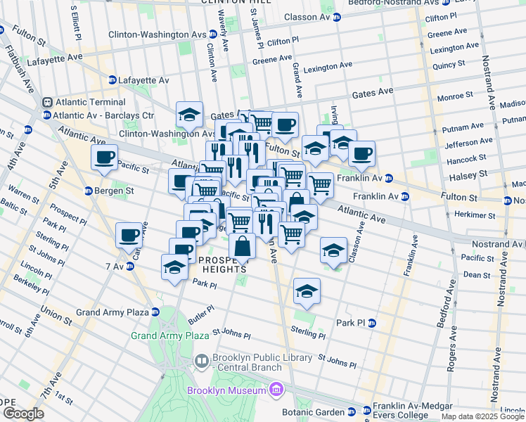 map of restaurants, bars, coffee shops, grocery stores, and more near 620 Washington Avenue in Brooklyn