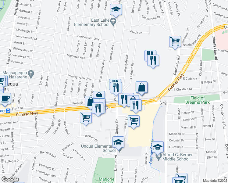 map of restaurants, bars, coffee shops, grocery stores, and more near 10 Park Lane in Massapequa