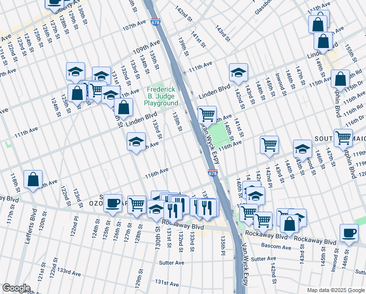 map of restaurants, bars, coffee shops, grocery stores, and more near 115-28 135th Street in Queens