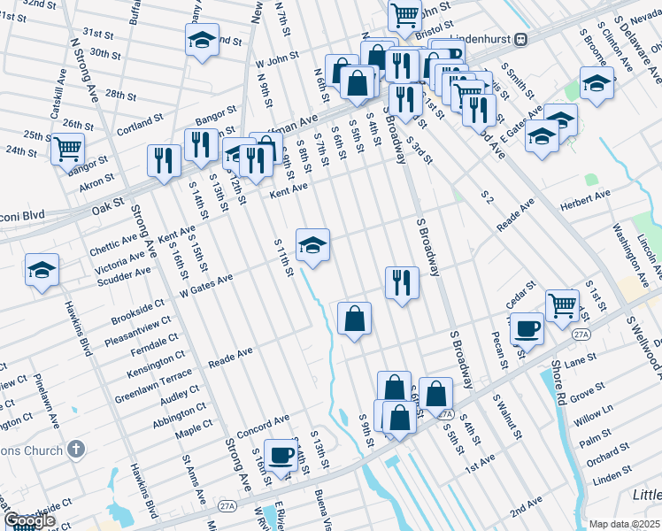 map of restaurants, bars, coffee shops, grocery stores, and more near 335 South 8th Street in Lindenhurst