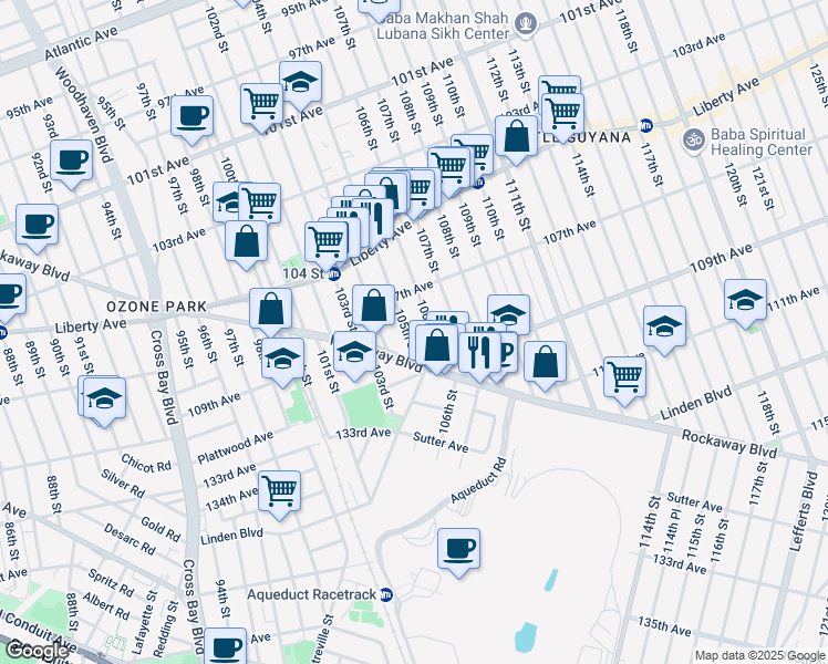 map of restaurants, bars, coffee shops, grocery stores, and more near 107-37 105th Street in Queens