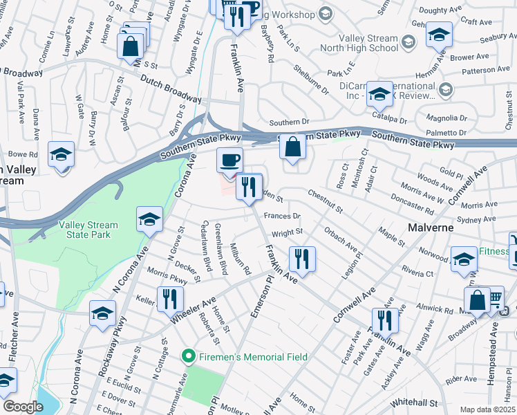 map of restaurants, bars, coffee shops, grocery stores, and more near 1057 Franklin Avenue in Valley Stream