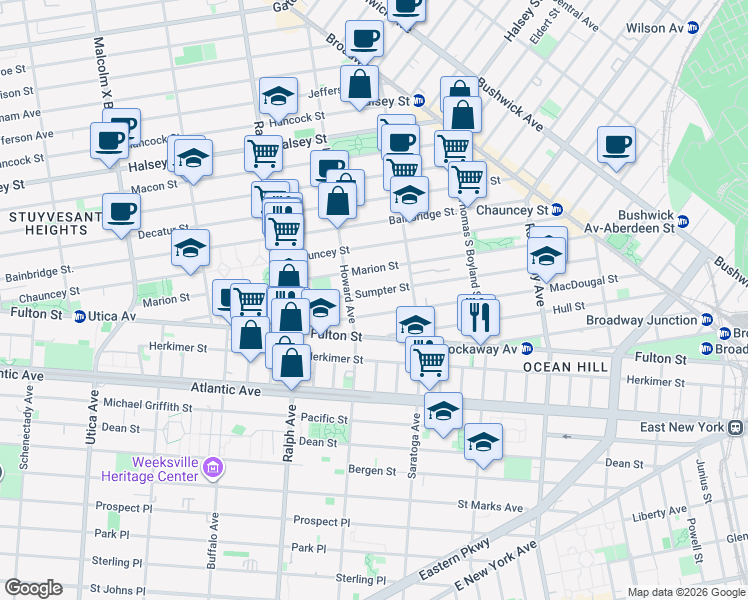 map of restaurants, bars, coffee shops, grocery stores, and more near 164 Sumpter Street in Brooklyn