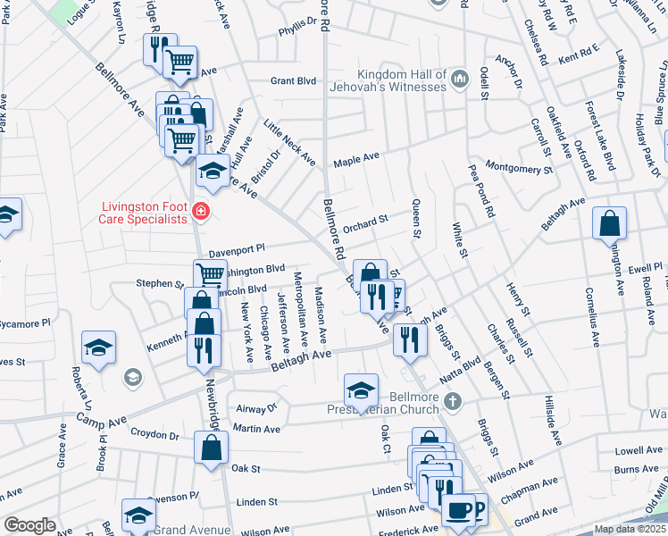 map of restaurants, bars, coffee shops, grocery stores, and more near 2 Floral Place in North Bellmore