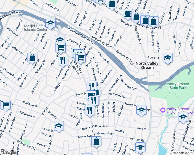 map of restaurants, bars, coffee shops, grocery stores, and more near 1610 Sherbourne Road in Valley Stream