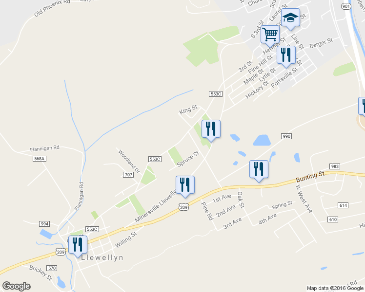 map of restaurants, bars, coffee shops, grocery stores, and more near 152 Llewellyn Road in Pottsville