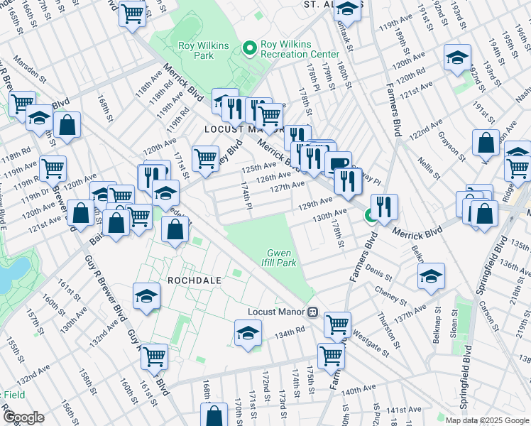 map of restaurants, bars, coffee shops, grocery stores, and more near 174-21 129th Avenue in Queens