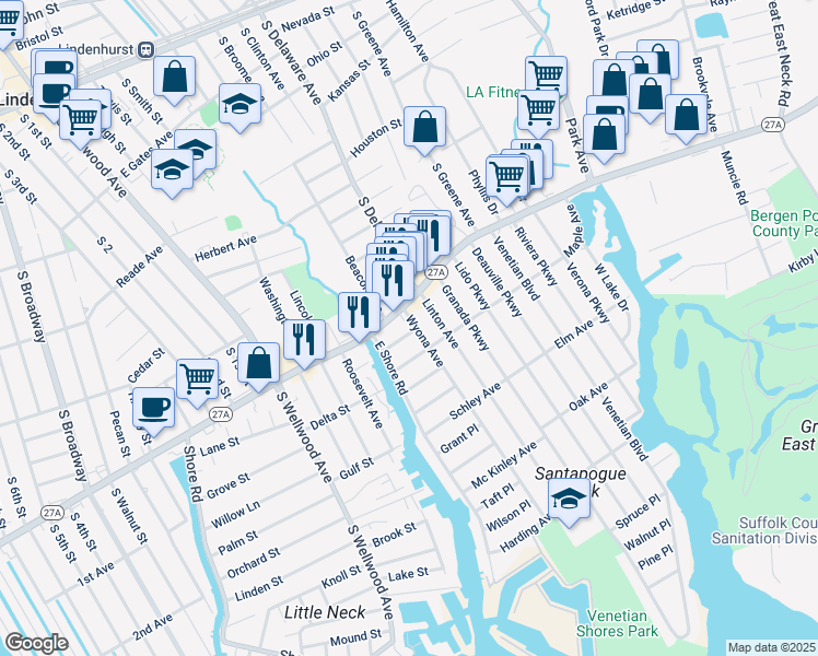 map of restaurants, bars, coffee shops, grocery stores, and more near 11 Wyona Ave in Lindenhurst