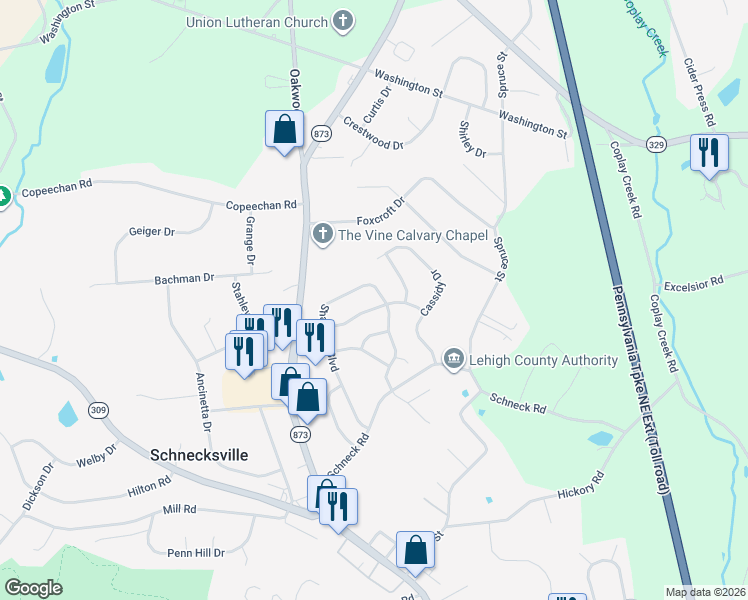 map of restaurants, bars, coffee shops, grocery stores, and more near 4213 Iroquois Street in Schnecksville