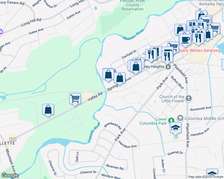 map of restaurants, bars, coffee shops, grocery stores, and more near 730 Springfield Avenue in Berkeley Heights