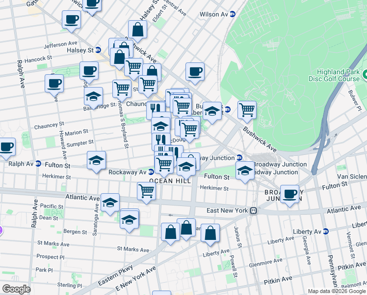 map of restaurants, bars, coffee shops, grocery stores, and more near 197 Hull Street in Brooklyn
