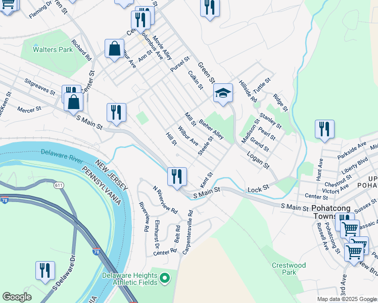 map of restaurants, bars, coffee shops, grocery stores, and more near 959 Hill Street in Phillipsburg
