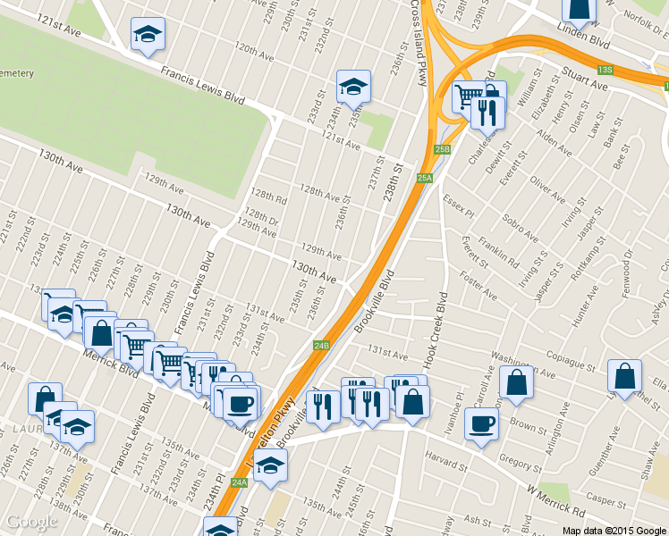 map of restaurants, bars, coffee shops, grocery stores, and more near 129-11 236th Street in Queens
