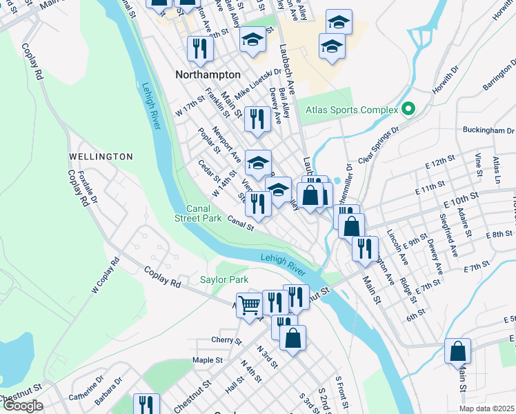 map of restaurants, bars, coffee shops, grocery stores, and more near 1346 Vienna Street in Northampton