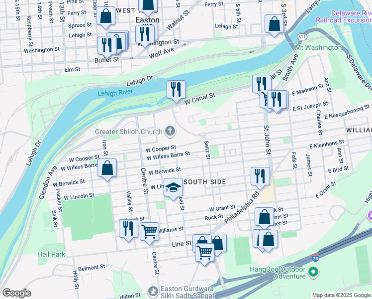 map of restaurants, bars, coffee shops, grocery stores, and more near 467 West Wilkes Barre Street in Easton