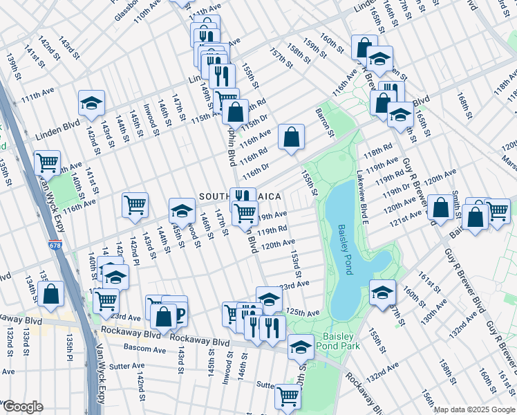 map of restaurants, bars, coffee shops, grocery stores, and more near 150-24 118th Avenue in Queens